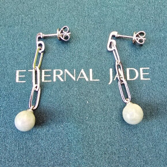 Dynasty ✦ Certified Jade Swirl Drops ✦ 925 Silver Marquise Earrings Green NWT - Picture 6 of 12